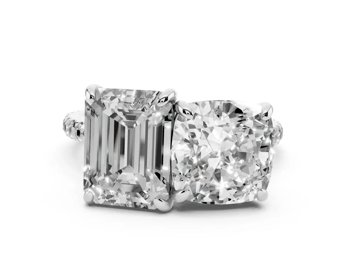 Cushion and Emerald Toi Moi Ring with Prong Setting and Pave Band Silver