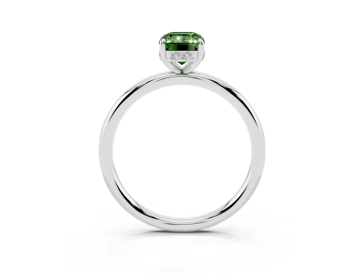 Fancy Green Emerald Cut Solitaire Diamond Ring with a Classic Band and Four-Prong Setting Silver