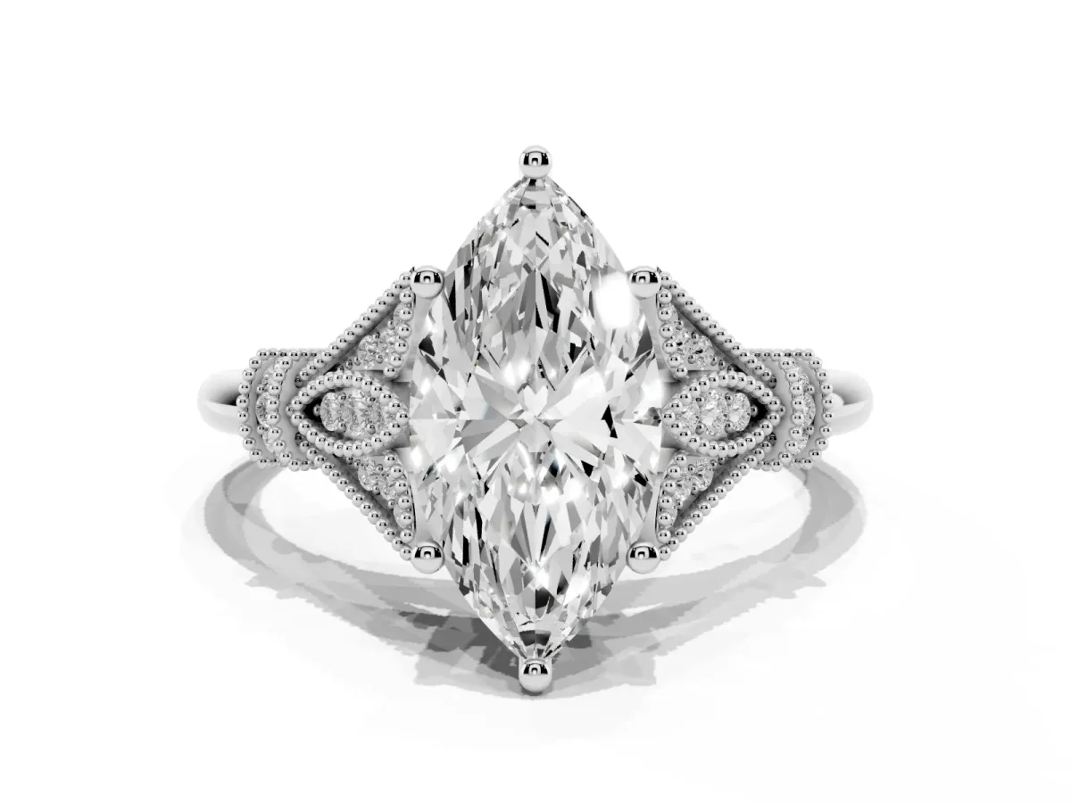 Marquise Cut Diamond Solitaire Ring with Floral Filigree and Pave Accents White gold