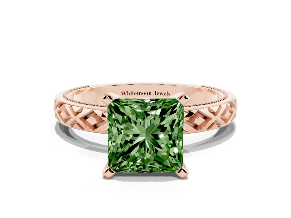 Fancy Green Princess Cut Solitaire Diamond Ring with Milgrain and Black Enamel X Pattern Band Rose gold