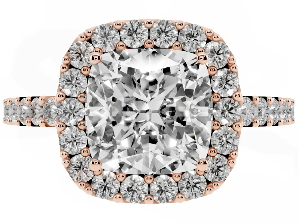 Cushion Cut Halo Diamond Pavé Solitaire Ring Rose gold