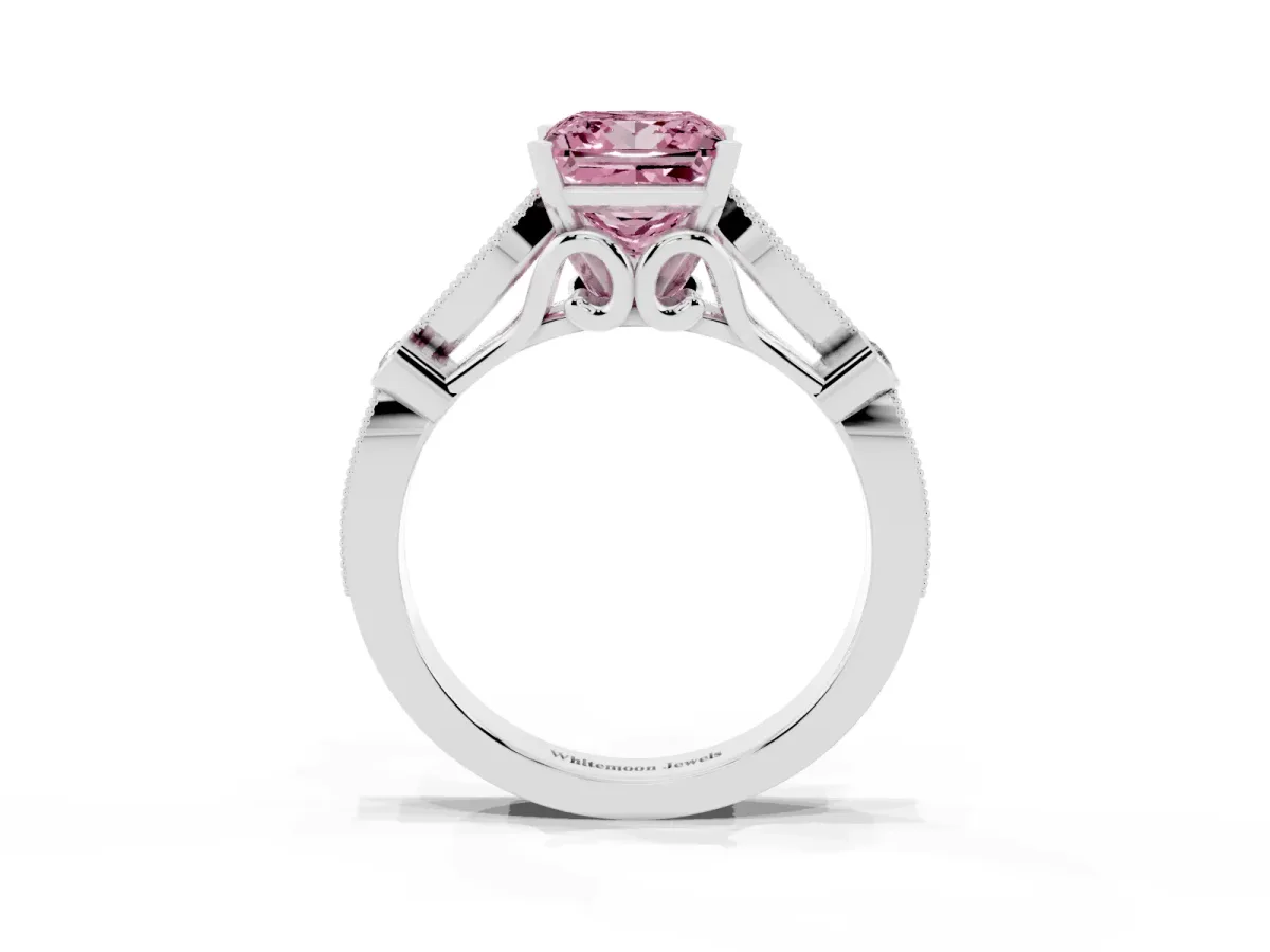 Fancy Pink Princess Cut Cut Diamond with Milgrain Marquise and Bezel Accents on a Solitaire Band with Prong Setting White gold