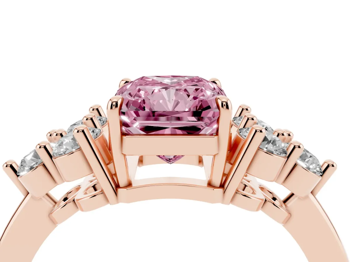 Fancy Pink Radiant Cut Brilliant Diamond Cluster Accent Solitaire Ring with Prong Setting Rose gold