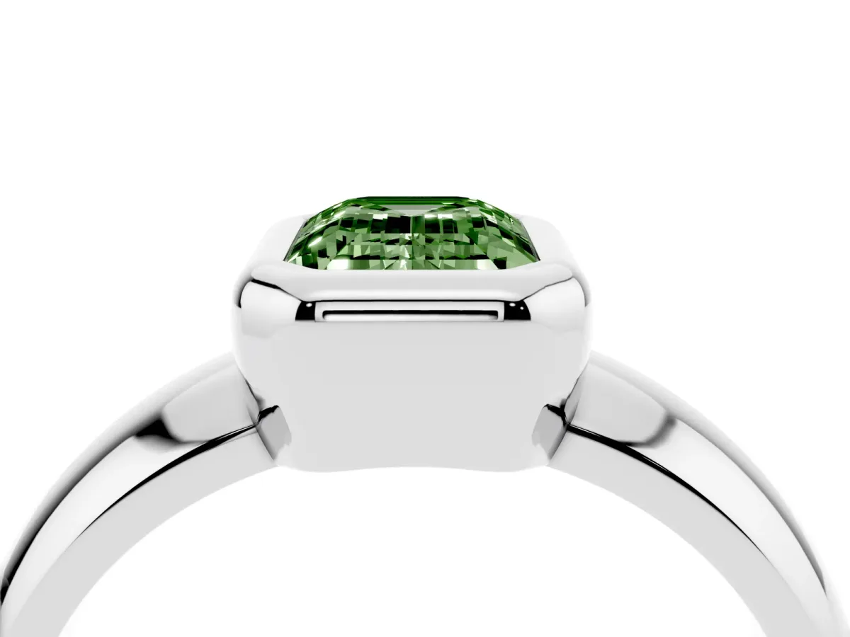 Fancy Green Bezel Set Emerald Cut Solitaire Ring with Wide Band Platinum