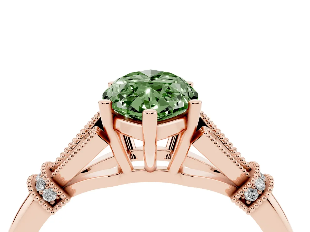 Fancy Green Marquise Cut Diamond Solitaire Ring with Floral Filigree and Pave Accents Rose gold