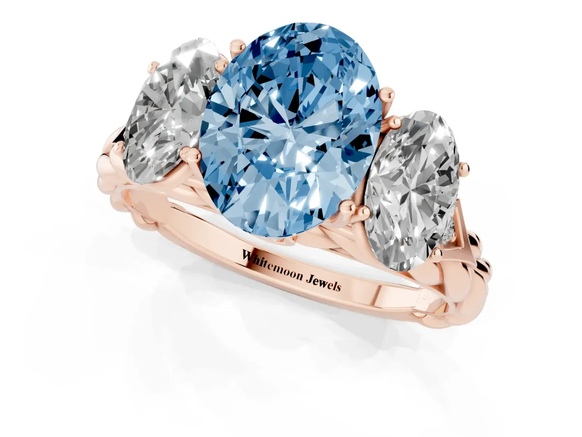 Fancy Blue Three-Stone Oval Cut Diamond Braided Band Ring with Four-Prong Setting Rose gold