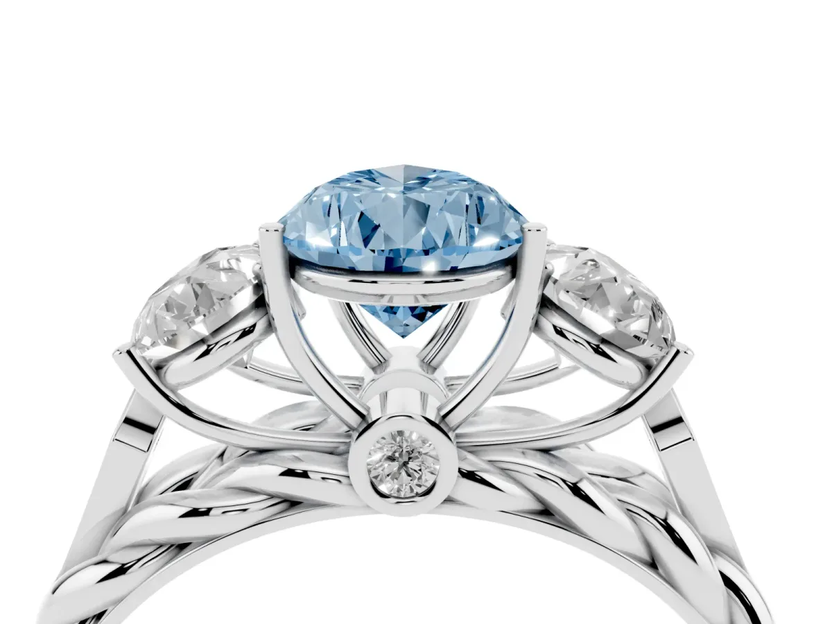 Fancy Blue Three-Stone Pear Cut Diamond Braided Band Ring with Four-Prong Setting Platinum