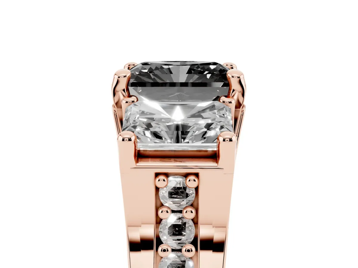 Fancy Black Radiant Cut Diamond Three-Stone Ring with Channel Set Band and Four-Prong Setting Rose gold