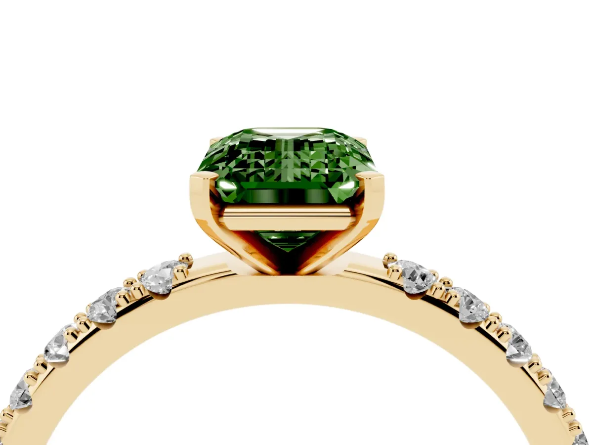 Fancy Green Emerald Cut Diamond Solitaire Pavé Band with Four-Prong Setting Yellow gold