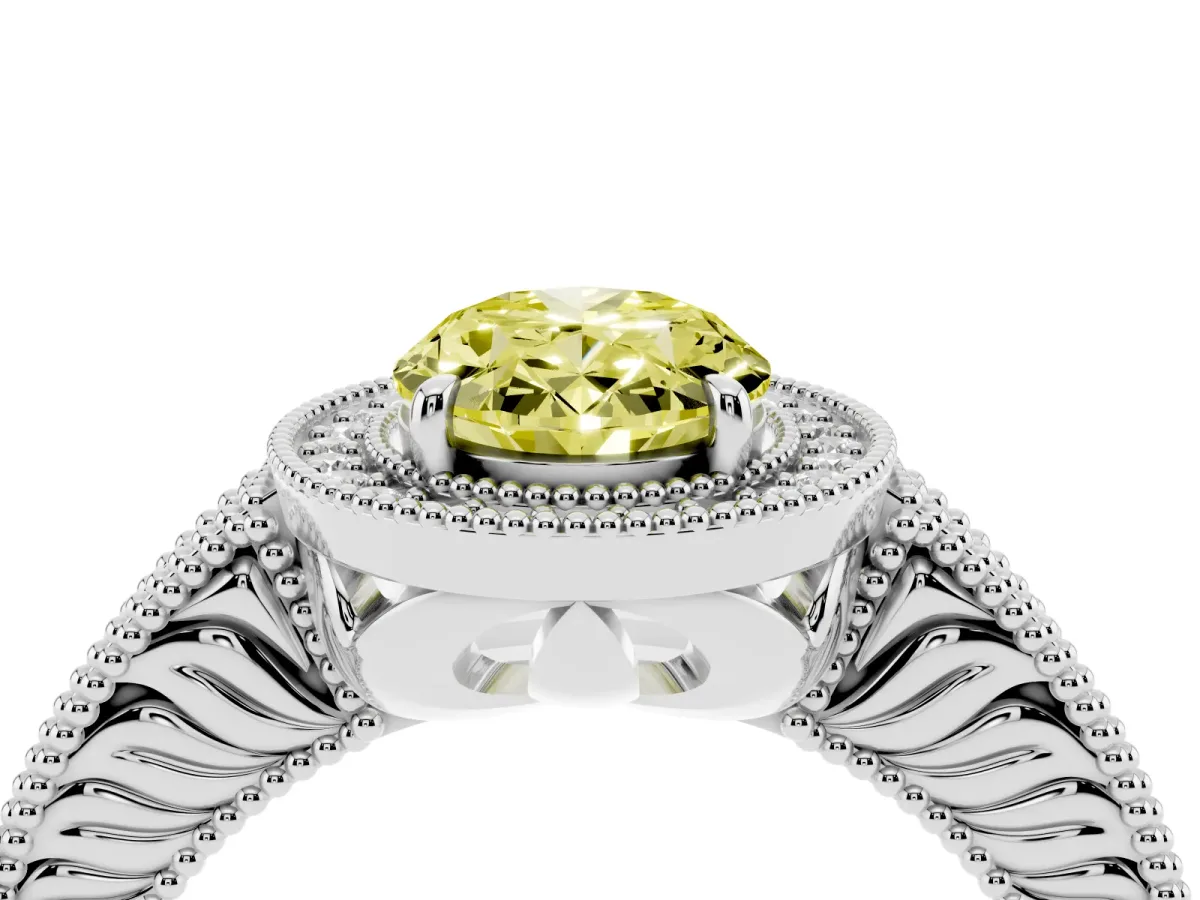 Fancy Yellow Oval Cut Cut Halo Diamond Ring with Pavé Band and Four-Prong Setting White gold