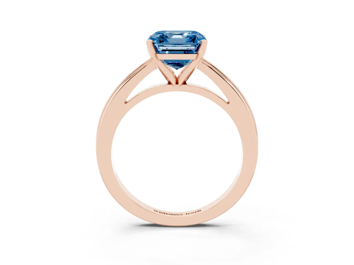Fancy Blue Asscher Cut Solitaire Diamond Ring with Four-Prong Setting and Classic Band Rose gold