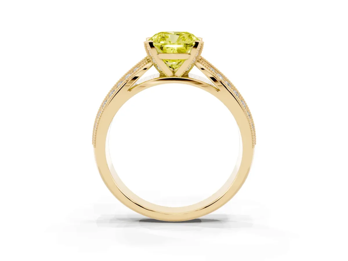 Fancy Yellow Cushion Cut Diamond Solitaire Ring with Milgrain Round Pavé Band and Prong Setting Yellow gold