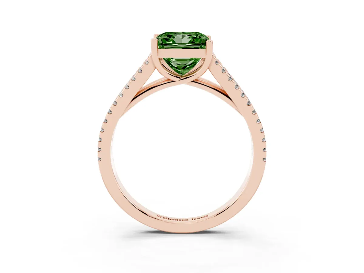 Fancy Green Princess Cut Diamond Solitaire Engagement Ring with Split Shank Pavé Band Rose gold