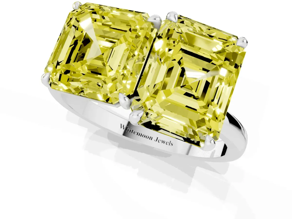 Fancy Yellow Asscher Cut and Emerald Cut Toi Moi Ring with Prong Setting Platinum