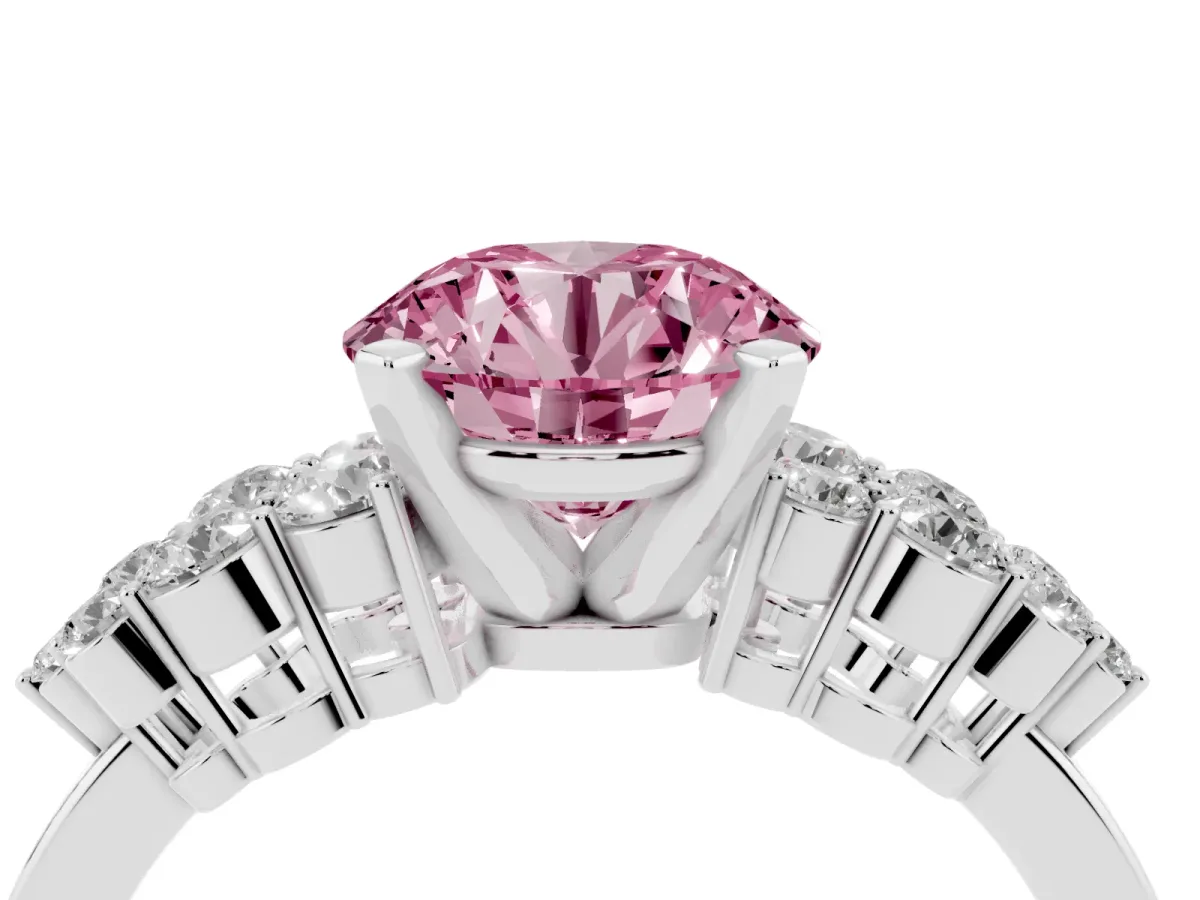 Fancy Pink Round Cut Cluster Diamond Engagement Ring with Pavé Band and Four-Prong Setting Platinum