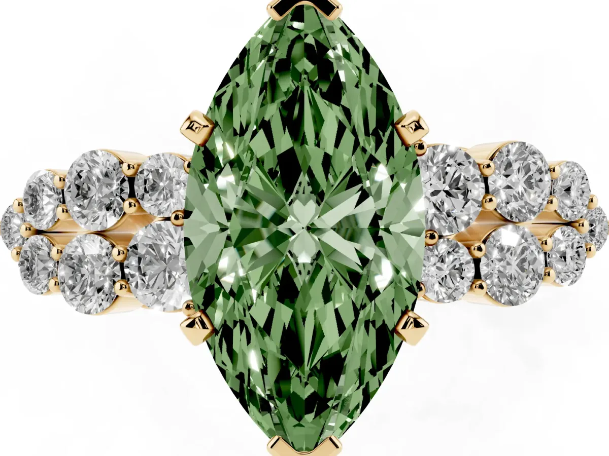 Fancy Green Marquise Cut Cluster Diamond Engagement Ring with Pavé Band and Four-Prong Setting Yellow gold