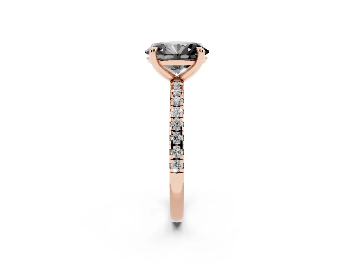 Fancy Black Oval Cut Diamond Brilliant Solitaire Ring with Pavé Band and Four-Prong Setting Rose gold