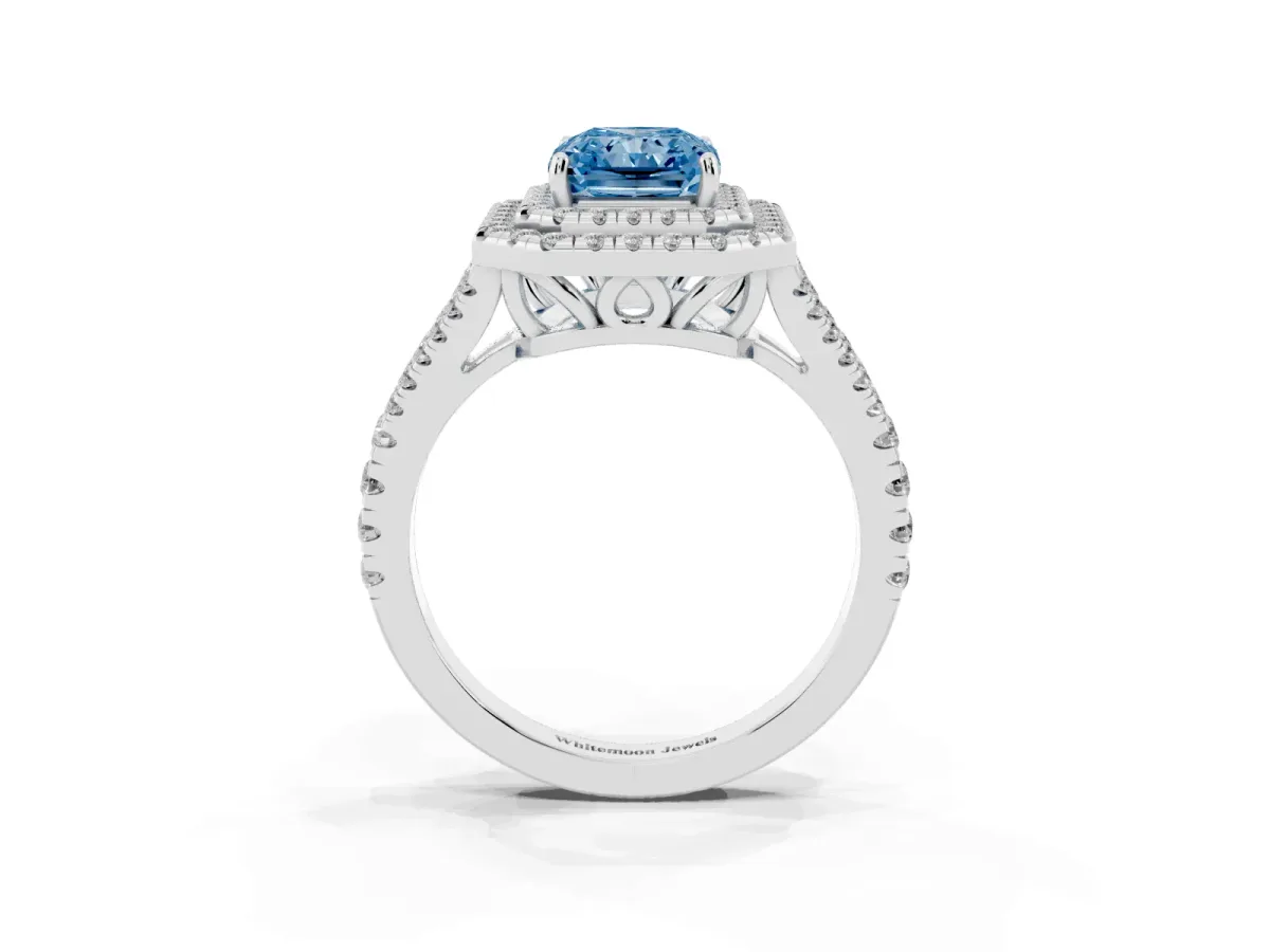 Fancy Blue Radiant Cut Diamond Double Halo Ring with Pavé Band and Prong Setting White gold