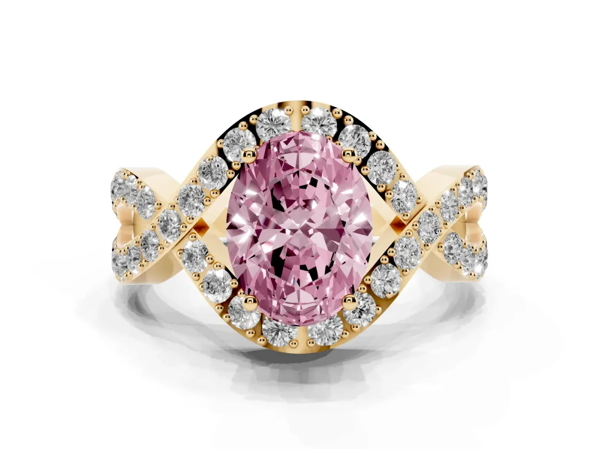 Fancy Pink Oval Cut Solitaire Twist Band Pavé Diamond Engagement Ring Yellow gold