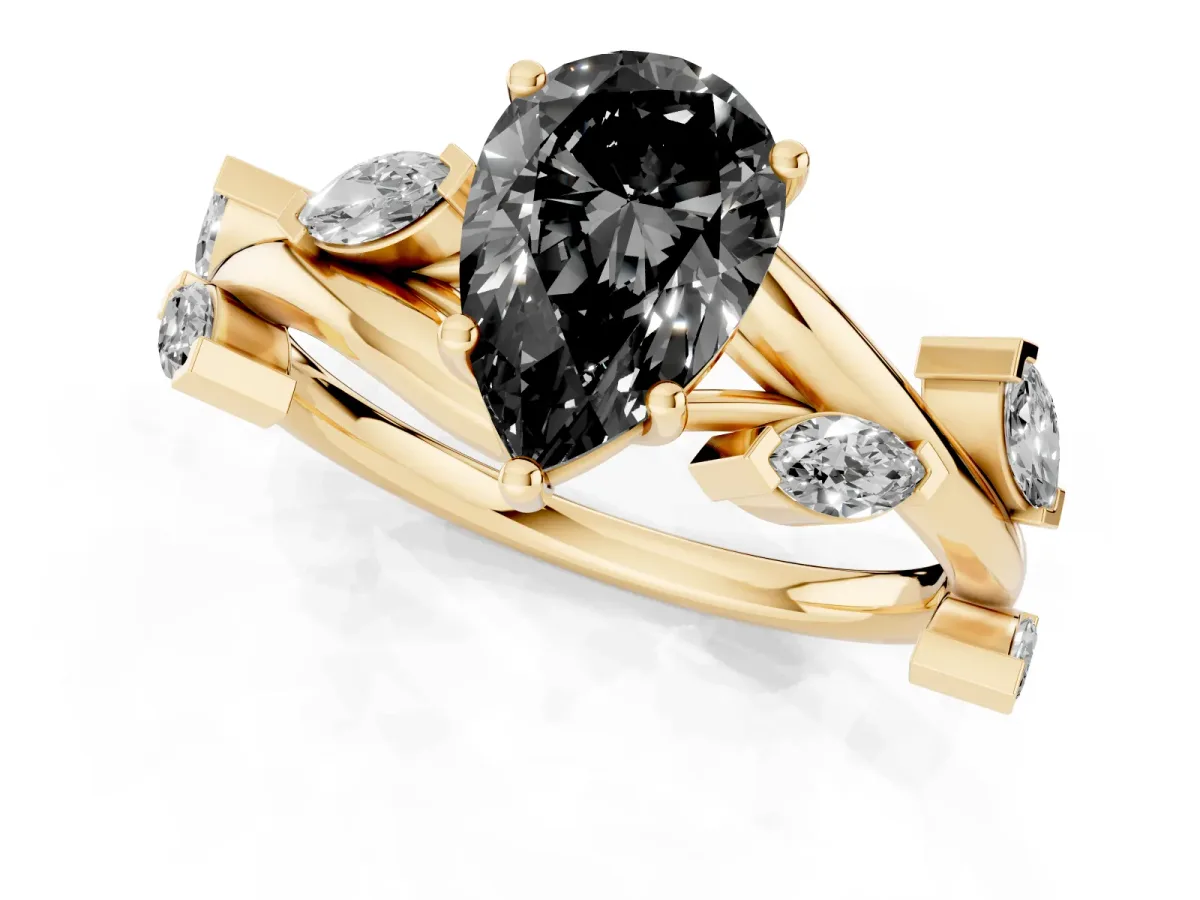 Fancy Black Pear Cut Solitaire Twisted Band Marquise Accent Prong Setting Ring Yellow gold