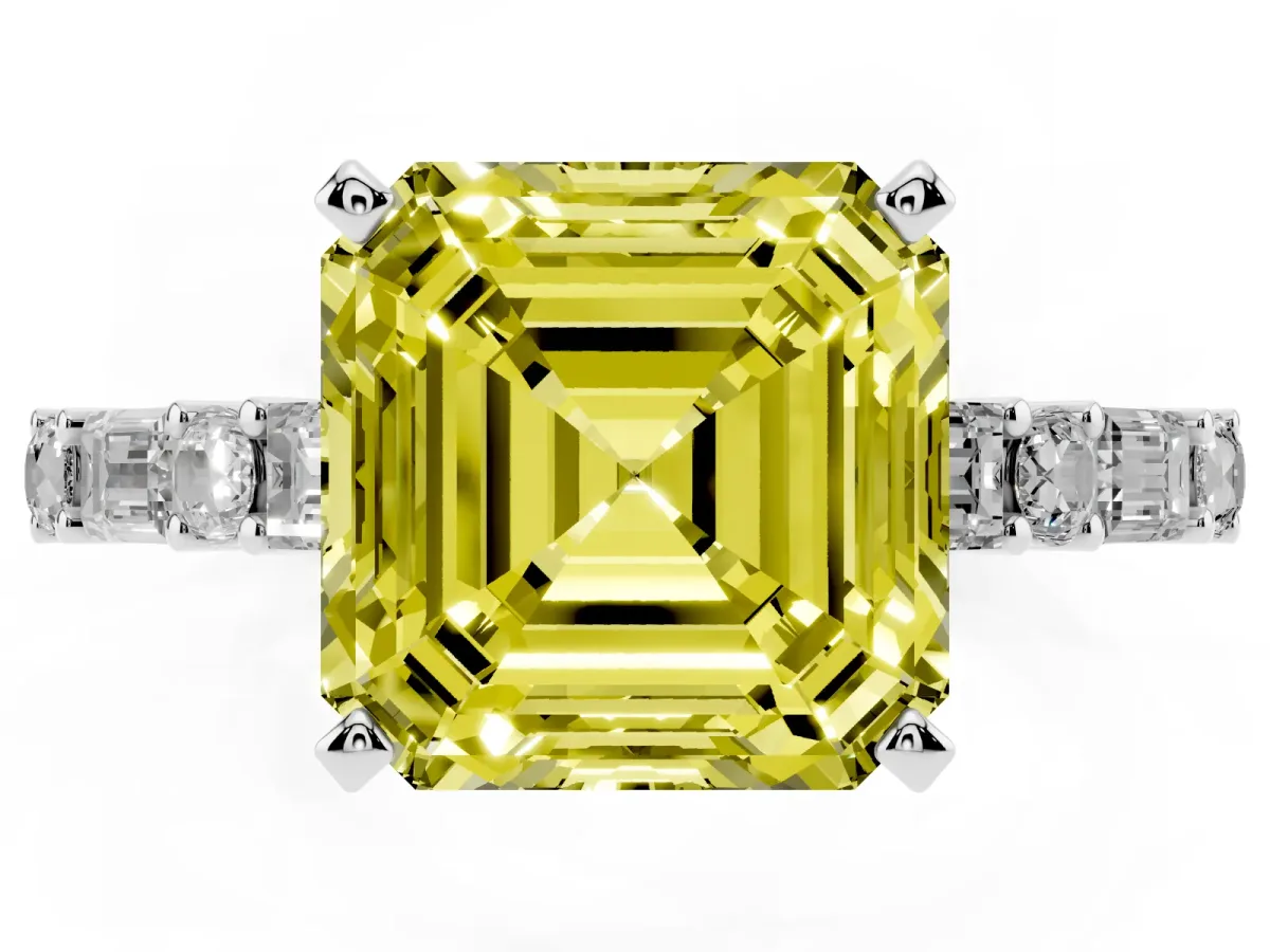 Fancy Yellow Asscher Cut Diamond Solitaire with Side Baguettes and Channel Set Band Silver