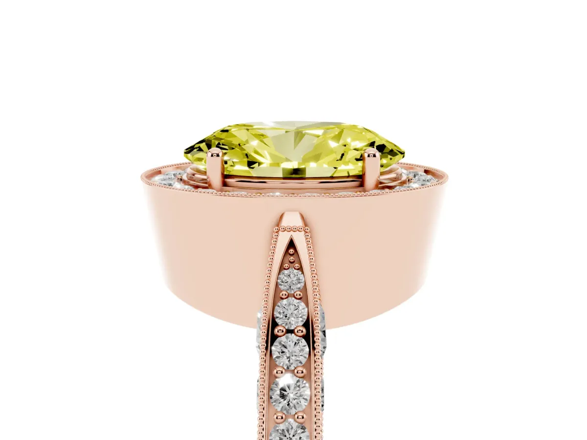 Fancy Yellow Oval Cut Halo Diamond Engagement Ring with Split Shank Band and Four-Prong Setting Rose gold