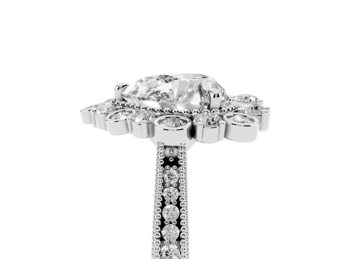 Heart Cut Halo Milgrain Pave Diamond Ring with Four-Prong Setting Silver