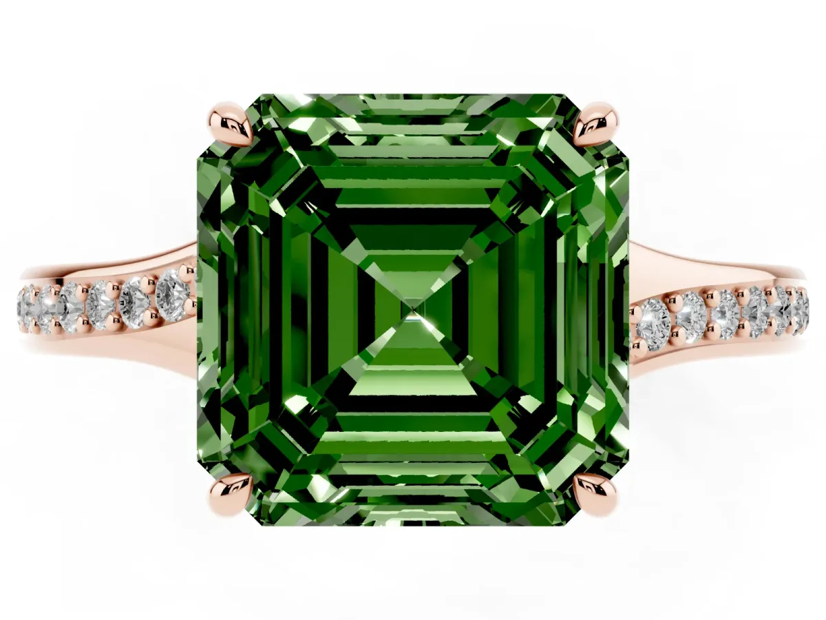 Fancy Green Asscher Cut Diamond Solitaire Ring with Pavé Band and Prong Setting Rose gold