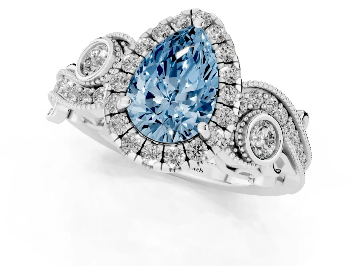 Fancy Blue Pear Cut Diamond Halo Ring with Milgrain Pavé Band and Four-Prong Setting Silver