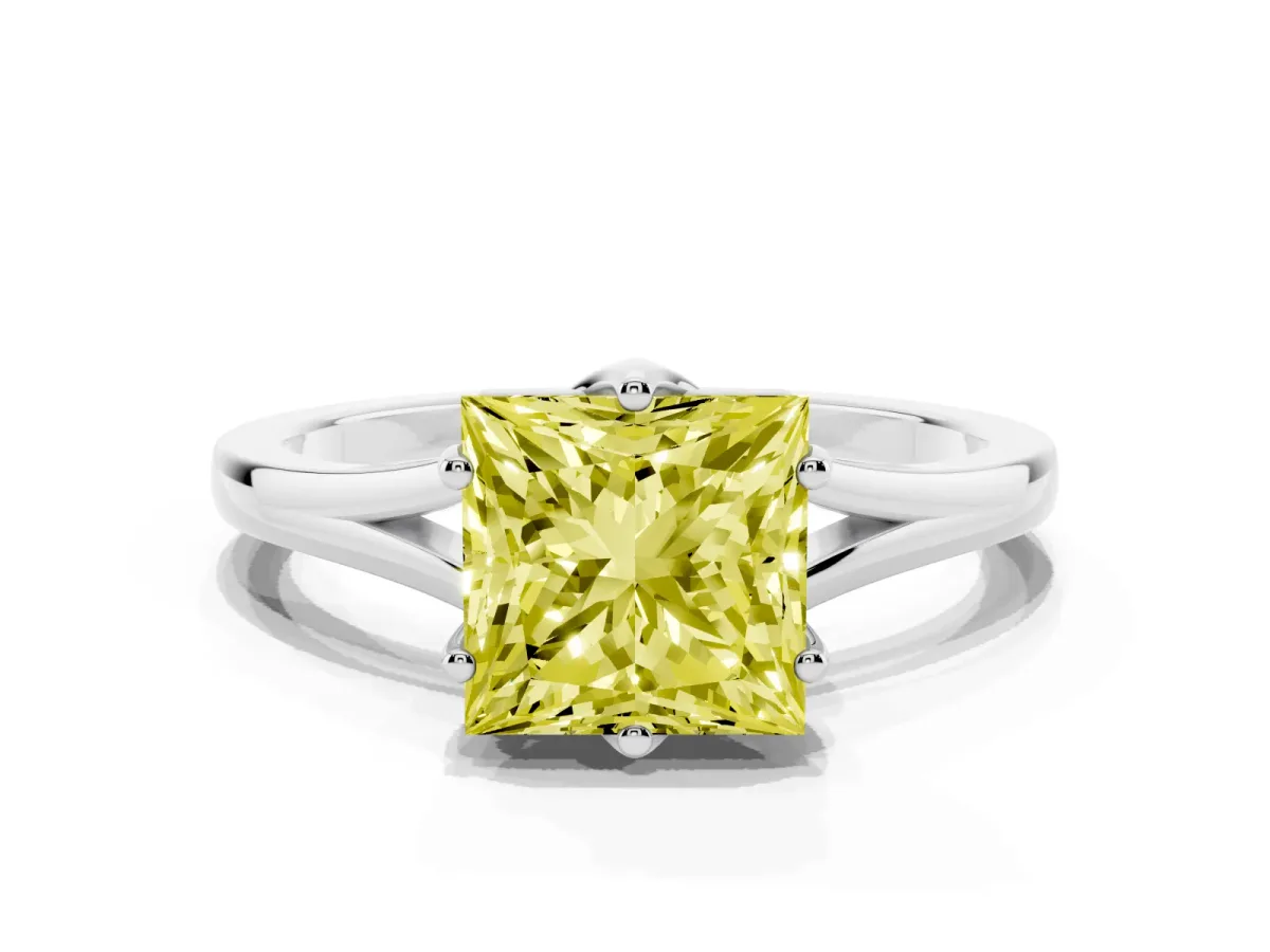 Fancy Yellow Princess Cut Solitaire Diamond Ring with Six-Prong Setting and Tapered Band White gold
