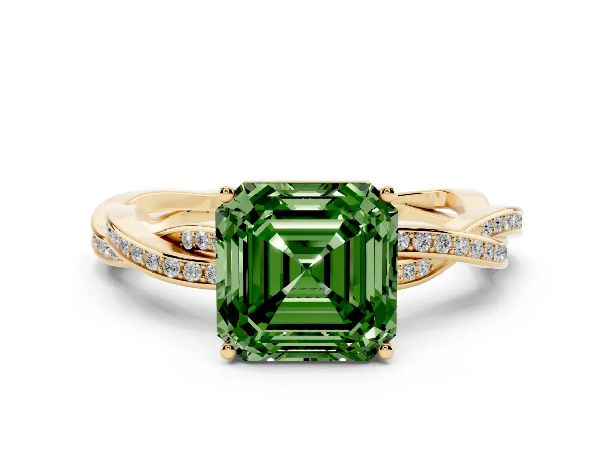 Fancy Green Asscher Cut Solitaire Twisted Pave Diamond Ring with Four-Prong Setting Yellow gold