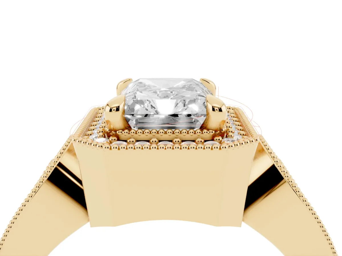 Radiant Cut Halo Split Shank Milgrain Diamond Ring Yellow gold