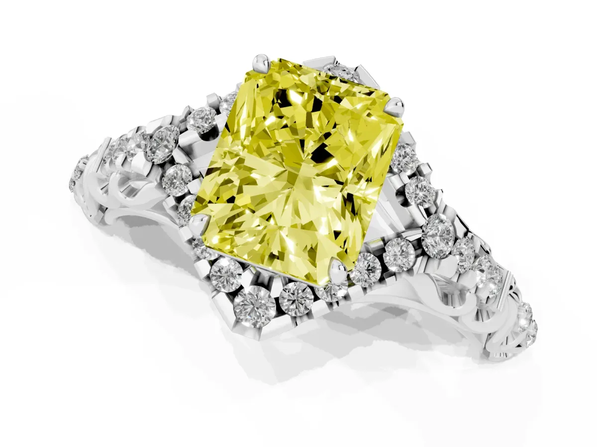 Fancy Yellow Radiant Cut Diamond Solitaire Ring with Hidden Halo and Pavé Band Platinum