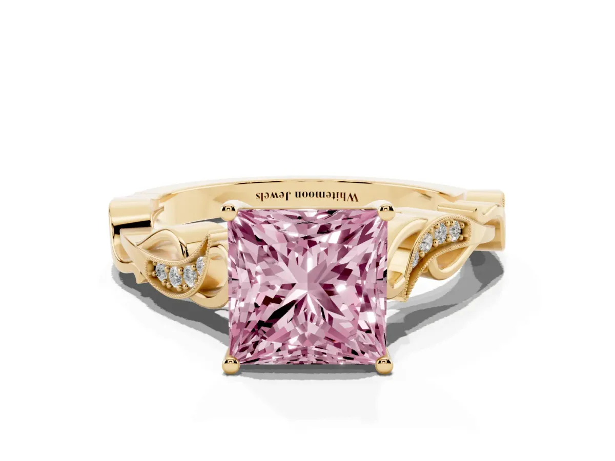 Fancy Pink Princess Cut Solitaire Vine Band with Milgrain Prong Setting Yellow gold