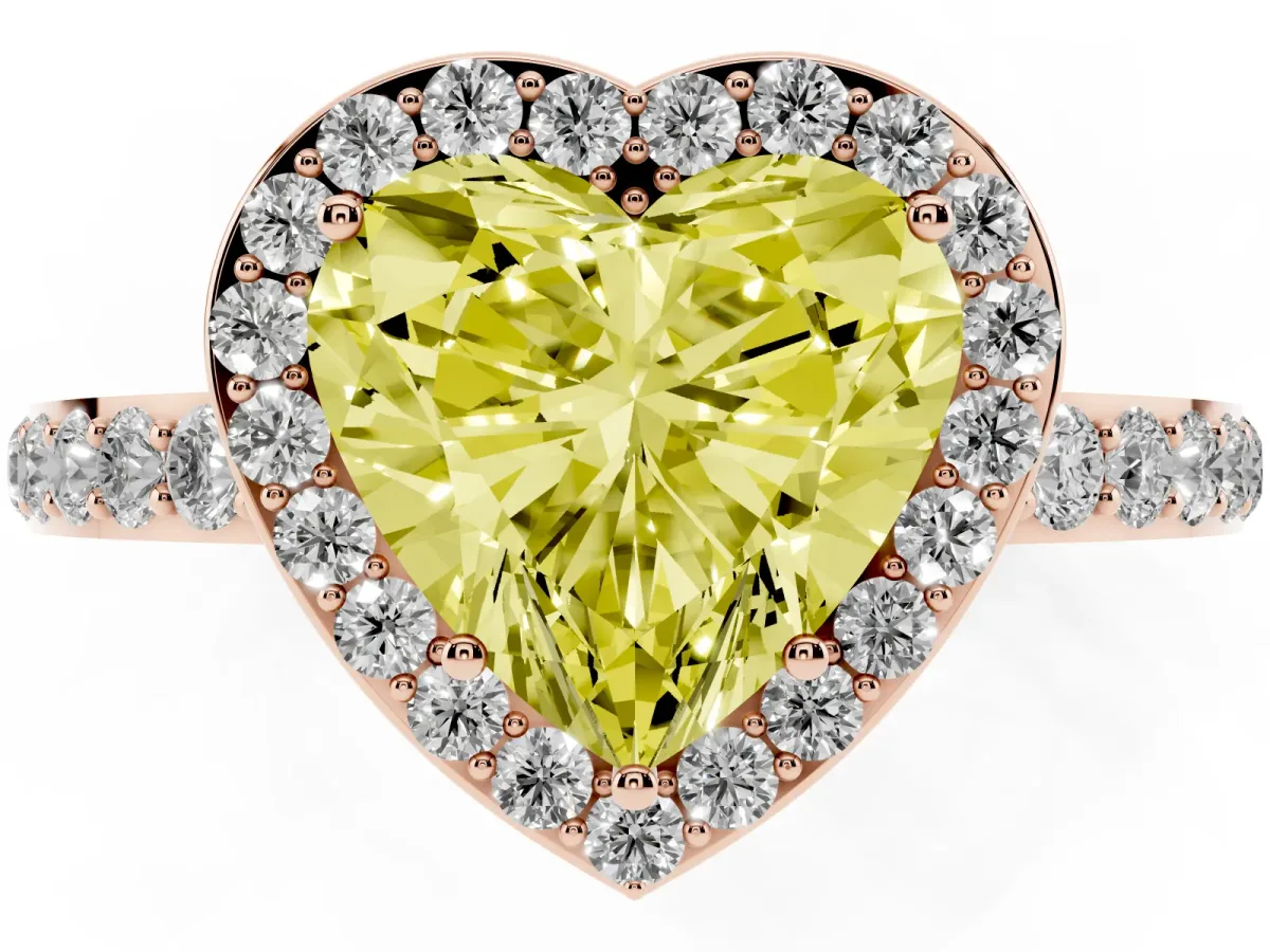 Fancy Yellow Heart Cut Halo Diamond Pavé Band Ring with Prong Setting Rose gold