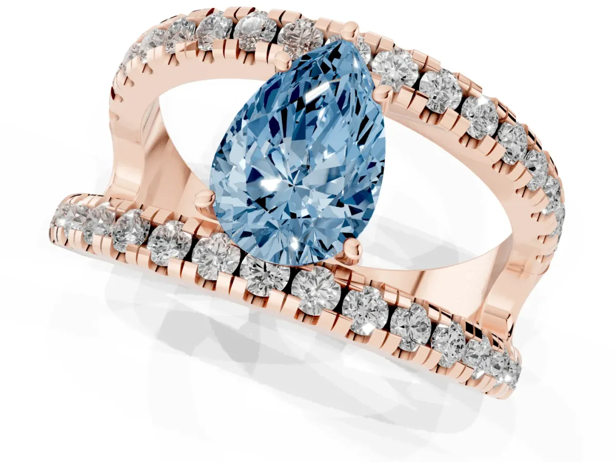 Fancy Blue Pear Cut Solitaire Split Shank Pave Diamond Ring Rose gold