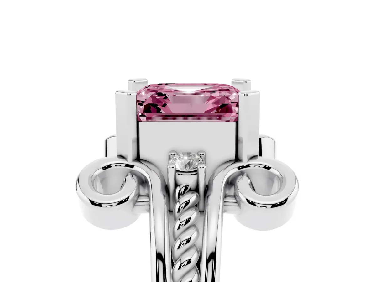 Fancy Pink Asscher Cut Solitaire Twisted Band Scroll Prong Ring White gold
