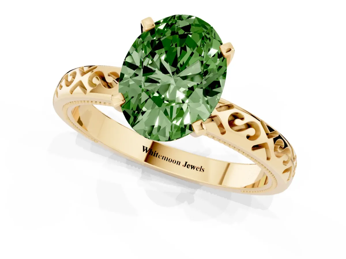 Fancy Green Oval Cut Solitaire Engagement Ring with Scrollwork Band and Four-Prong Setting Yellow gold