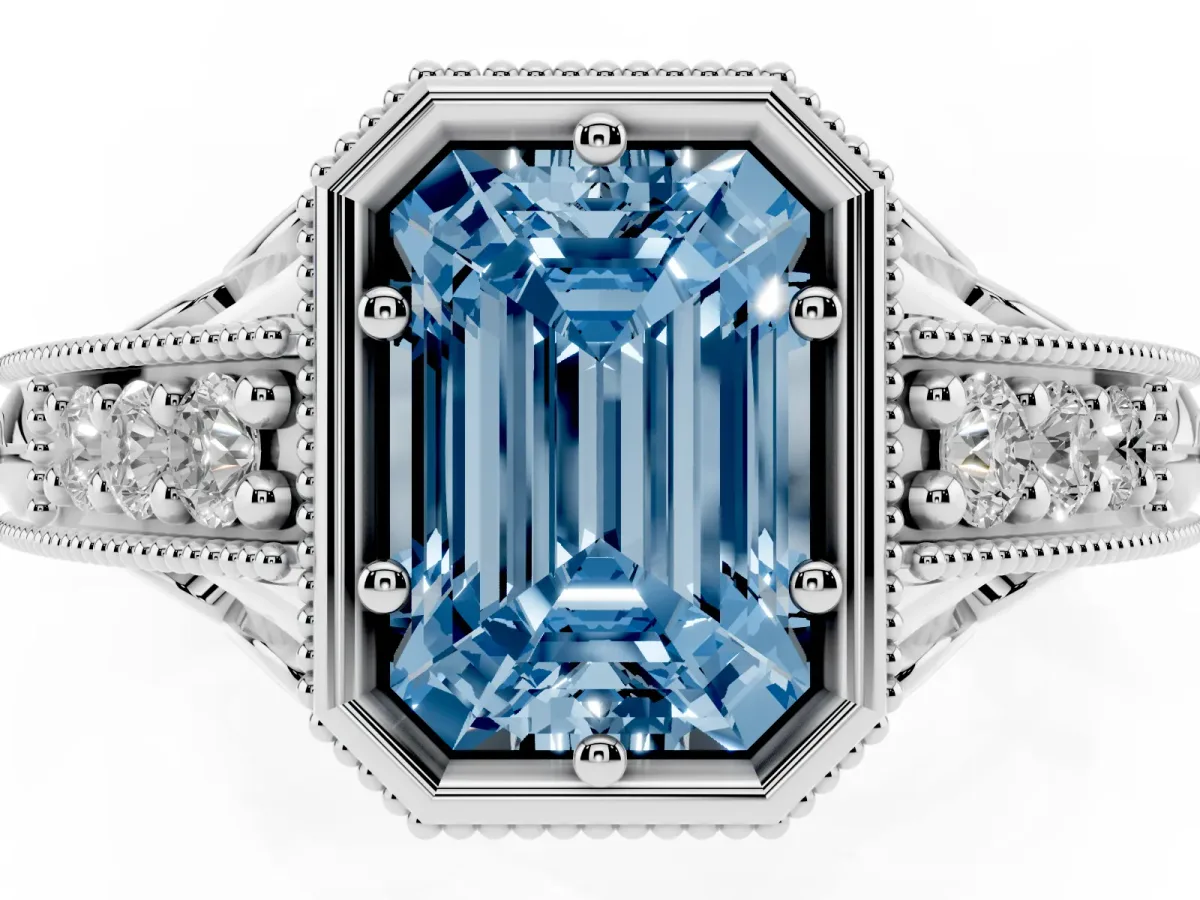 Fancy Blue Bezel Set Emerald Cut Diamond Milgrain Pave Engagement Ring Platinum