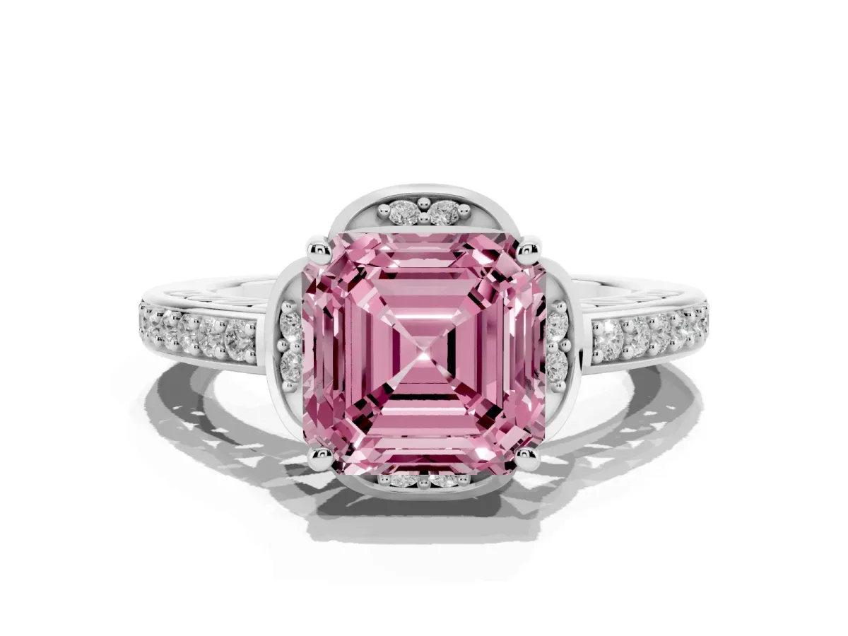 Fancy Pink Asscher Cut Cut Halo Diamond Ring with Channel Set Band and Four-Prong Setting White gold