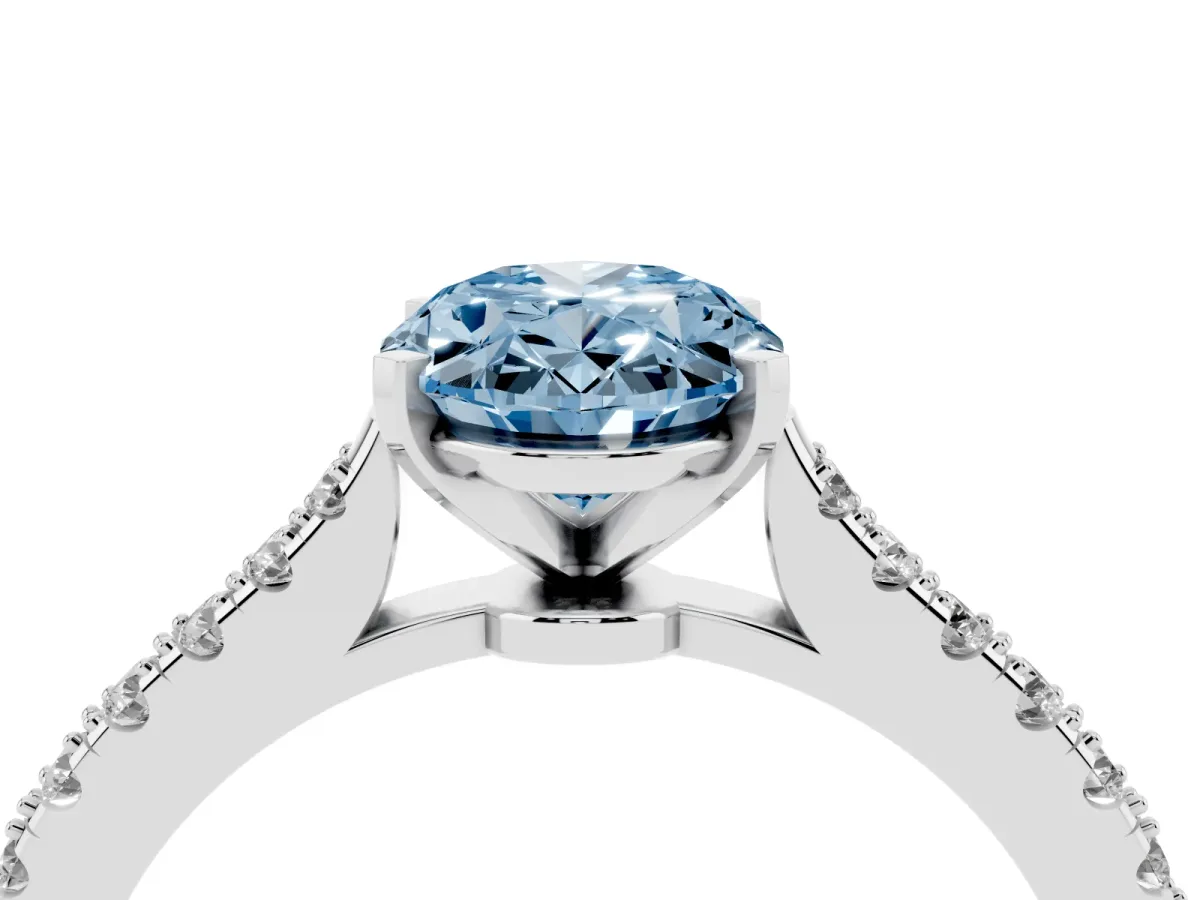 Fancy Blue Oval Cut Cut Solitaire Diamond Engagement Ring with Pave Band and Four-Prong Setting Platinum