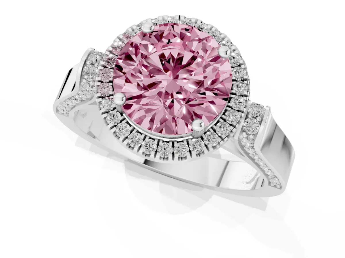 Fancy Pink Round Cut Halo Pave Split Shank Prong Setting Ring Silver