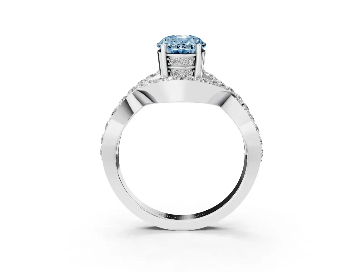 Fancy Blue Oval Cut Solitaire Twist Band Pavé Diamond Engagement Ring Silver