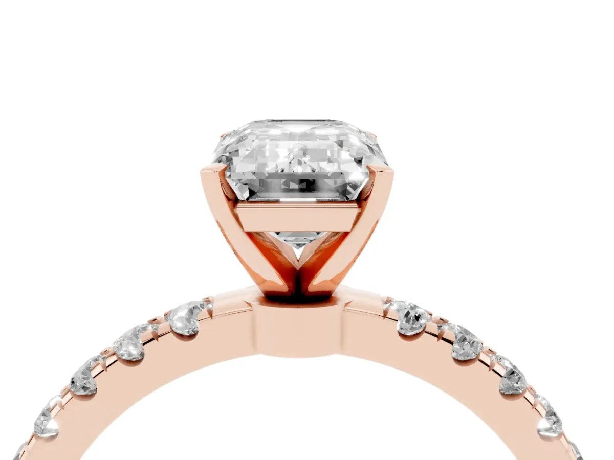 Emerald Cut Diamond Solitaire Ring with Pavé Accents and Four-Prong Setting Rose gold