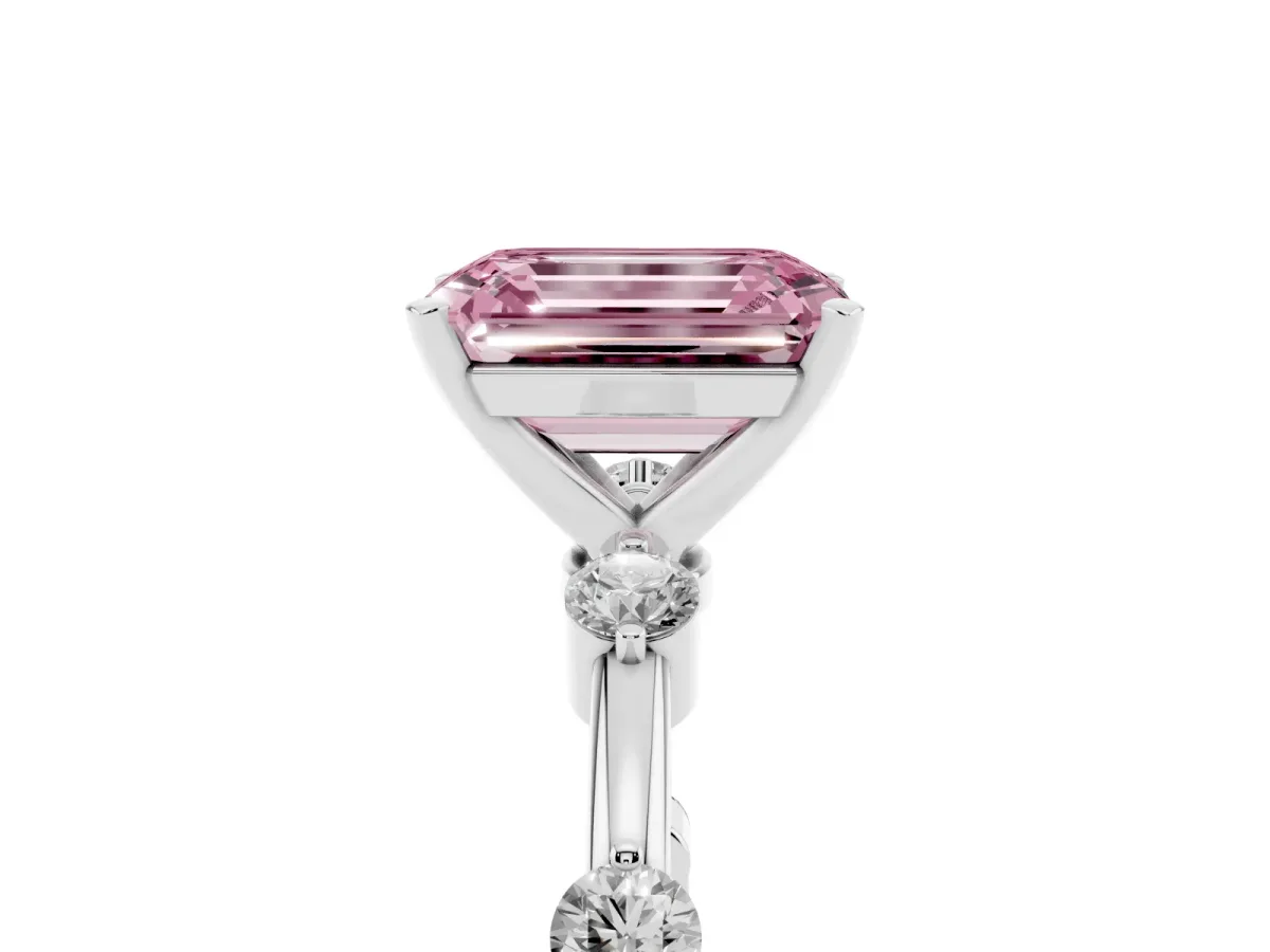 Fancy Pink Emerald Cut Solitaire Diamond Ring with Bezel Set Side Stones and Prong Setting Platinum