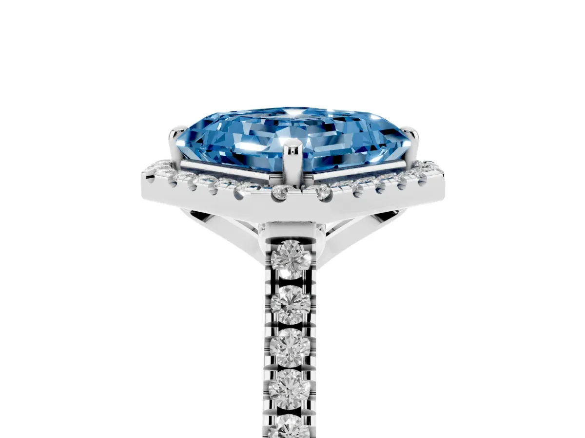 Fancy Blue Asscher Cut Diamond Cushion Halo Ring with Pavé Band Platinum
