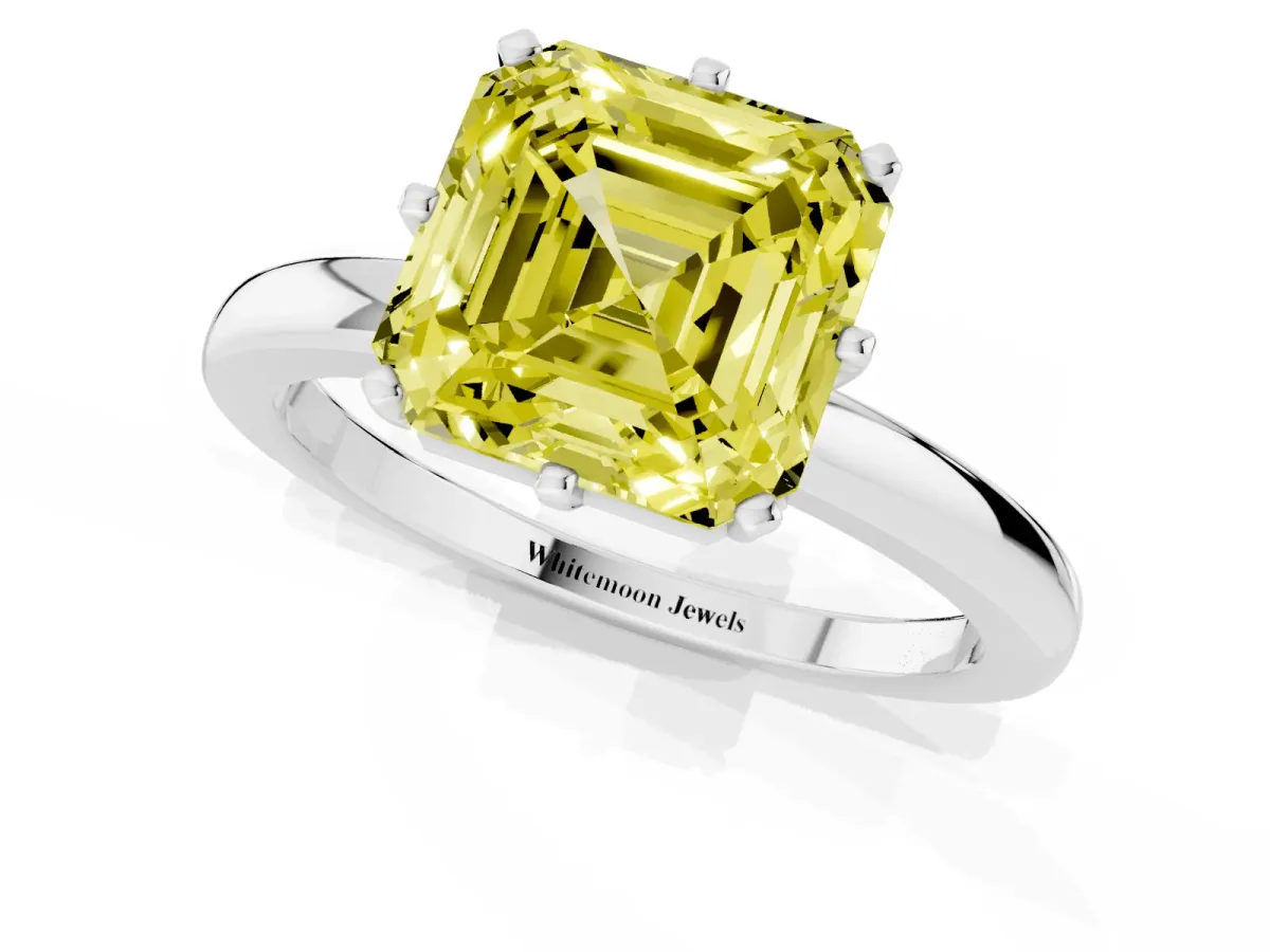Fancy Yellow Asscher Cut Solitaire Diamond Ring with Six-Prong Setting on a Classic Band Silver