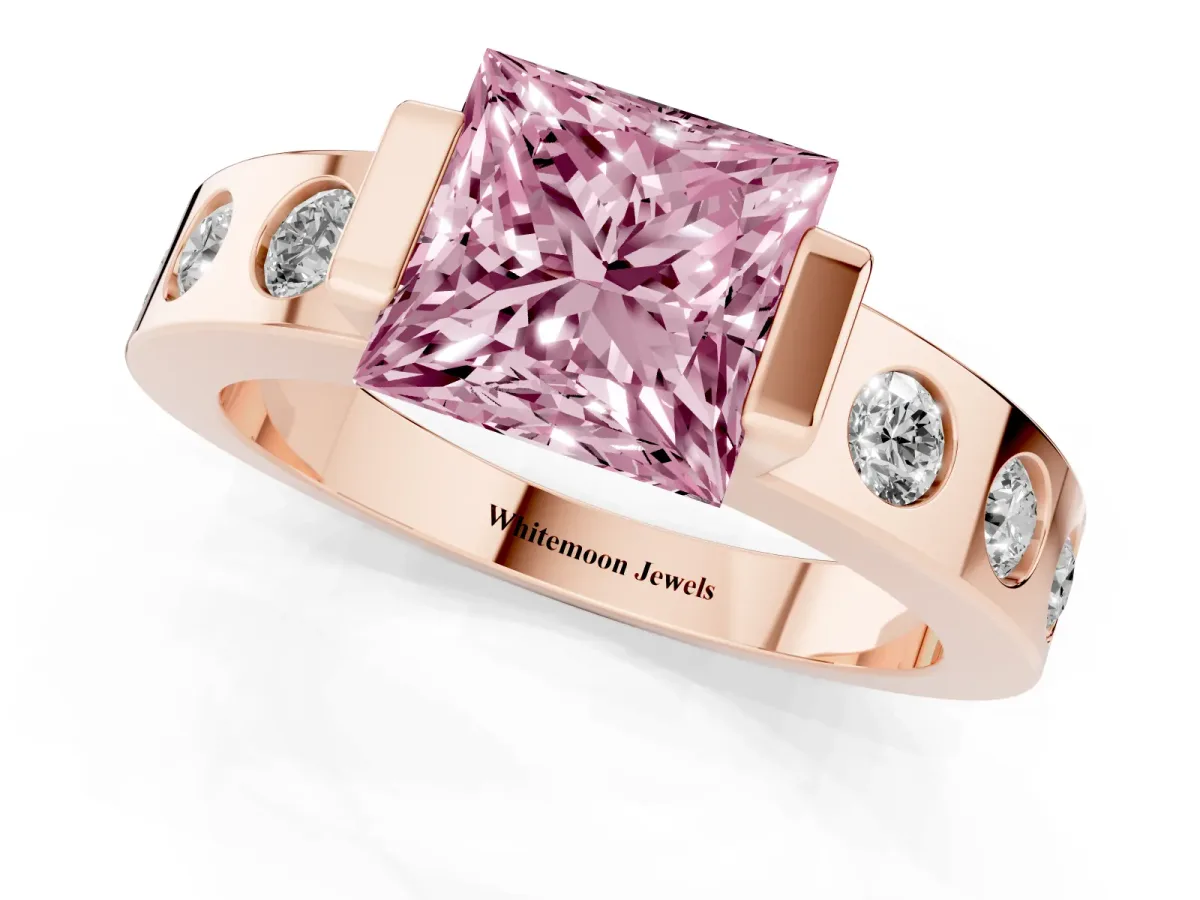 Fancy Pink Princess Cut Brilliant Channel-Set Diamond Ring with Bezel Prong Setting Rose gold