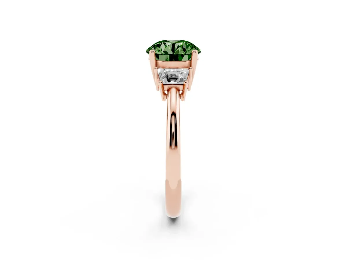 Fancy Green Round Cut Diamond Three-Stone Ring with Trapezoid Side Stones and Prong Setting Rose gold