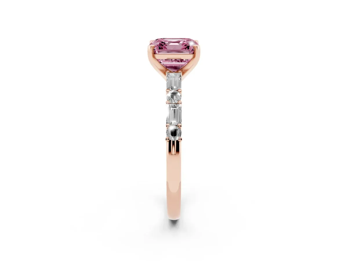 Fancy Pink Asscher Cut Diamond Solitaire with Side Baguettes and Channel Set Band Rose gold